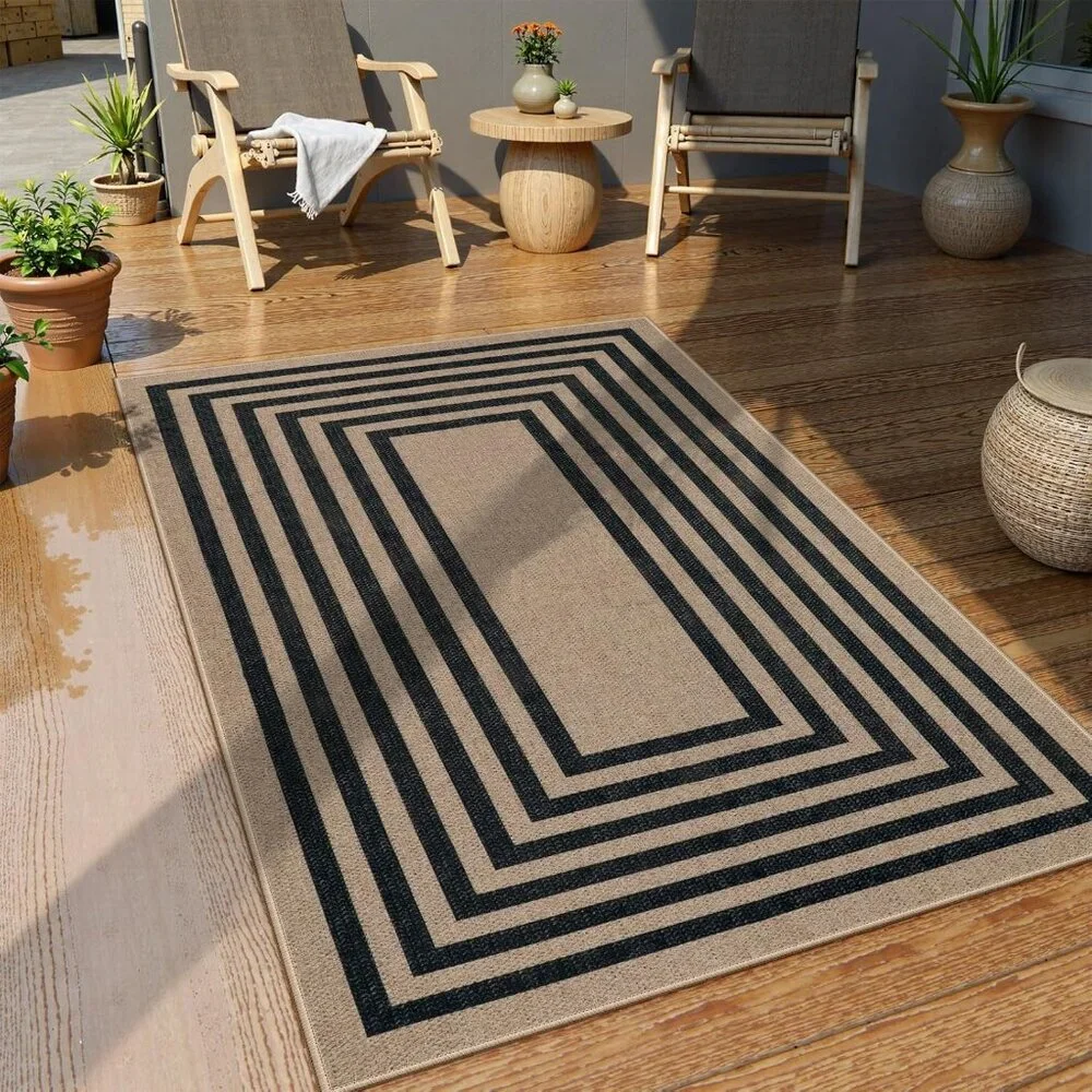 New Modern Geometric Easy Jute Outdoor Rug, 3x5 Black Washable Kitchen Rugs